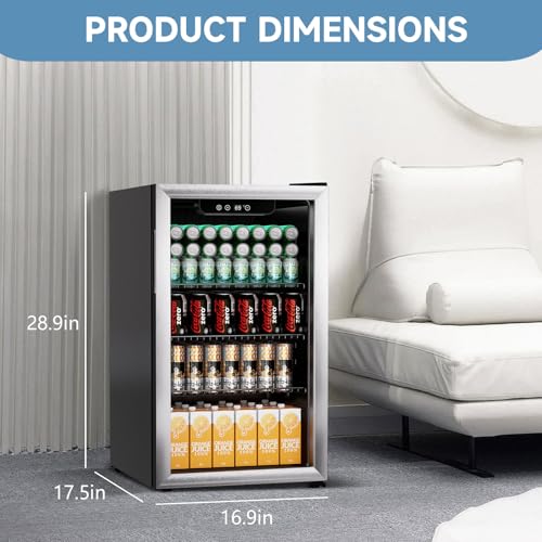 Image of Erivess Compact Beverage Refrigerator, 110 Can /3.1 Cu Ft Mini Fridge,Silver | Adjustable Shelves & Digital Display Small Refrigerator for Soda, Under Counter Freestanding Glass Door Mini Cooler for Home