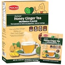 Pocas Honey Ginger Tea, Moringa Flavor Instant Tea Powder Packets with Real Ginger, Honey, and Pure Cane Sugar, Caffeine Free, 20 Count
