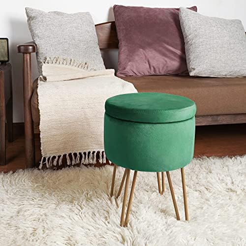 BONTEC Velvet Dressing Table Stool, Round Vanity Stool with Storange, Bedroom Ottoman Stool with Metal Legs for Home Living Room Fitting Room Bedroom (Green)