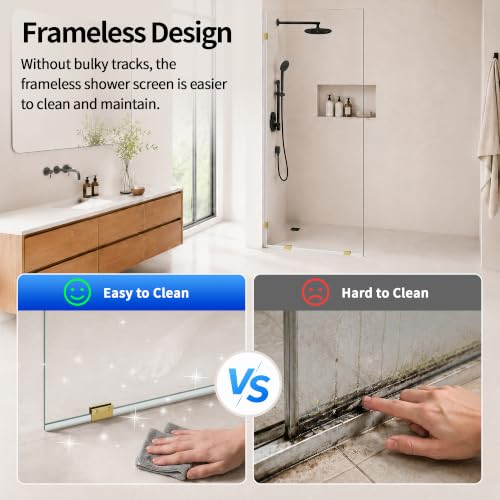 Image of DeerValley 32 inchx78 inch Frameless Shower Glass Panel, 3 /8'' (10mm) Fixed Glass Shower Panel, Tempered Glass Door, Bathroom Shower Screen with Hardware (Brushed Gold)