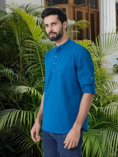 Image of See Designs Men's Roll-Up Sleeve Mandarin Collar Cotton Solid Short Kurta (Pack of 2) - Festive Collection
