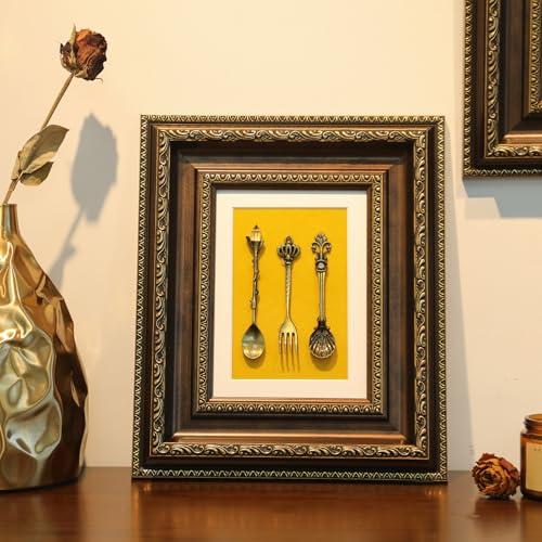 FOLKOR LIFE Framed Vintage Wall Art Sculptures for Kitchen Dining Room Decor, Rustic Wall Decor with Ornate Spoon Fork Yellow Backdrop, Matted Antique Gold Framed Artwork Gift, 10.6x12.6