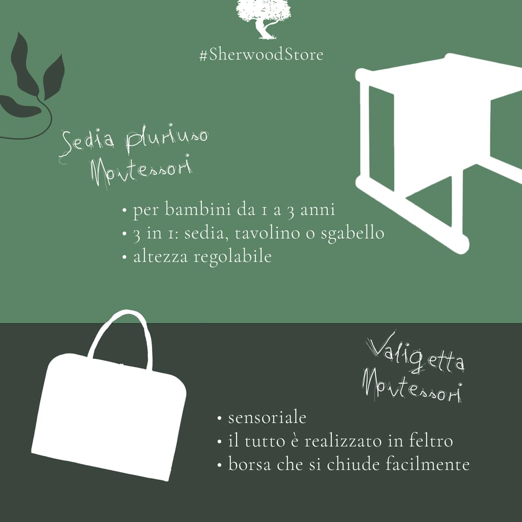 Sedia pluriuso Montessori in legno di faggio, per bambini da 1 a 3 anni - 3 in 1: sedia, tavolino o sgabello, made in Italy + Valigetta sensoriale in OMAGGIO!