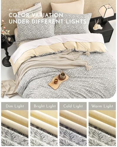 ALEISSEL Gray Vintage Leaf Botanical Cotton Duvet Cover Queen Size 3PC — view 6
