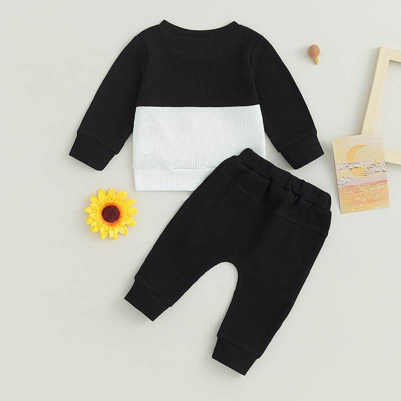 Baby Boy Clothes Fall Winter Outfits Waffle Knit Contrast Color Sweatshirt Top Casual Pants Set Toddler 2Pcs Outfit3
