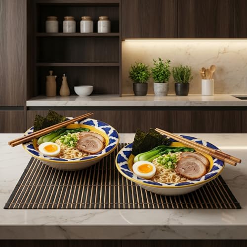Image of Ceramic Pasta Bowls Set of 2 | 7 Inch Handmade Deep Soup Plates | Microwave Oven Safe Serving Bowls | Floral Hand-Painted Stoneware Salad Bowls (2, Yellow & Blue)