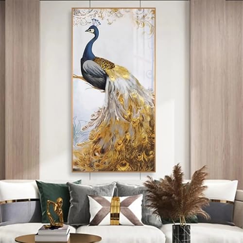 Peinture paon déco murale salon tableau sur toile 40x80cm sans cadre