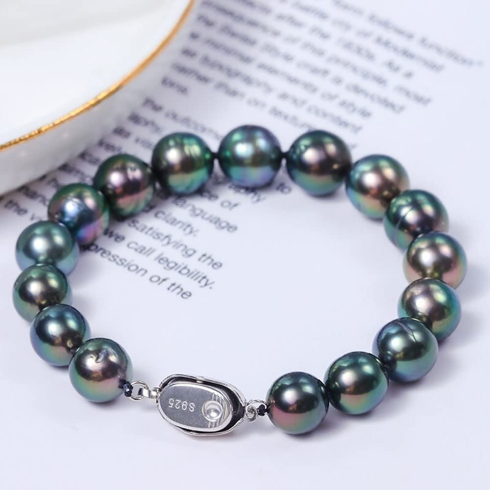 Tahiti AA + natürliche Perle Pfauengrün, 925er Silberschnalle, elastisches Armband, Modeschmuck, geeignet für Damen, One Size