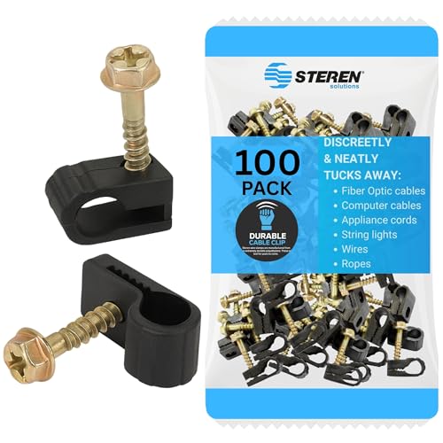 STEREN Coaxial Cable Clips - Cable Holder - Siding Clips for Hanging - Cord Holder for Desk - Cable Clamps - Cord Clip - Wire Organizer Clips - Tv Mount Screws (Black, 100 Count - Single Screw)