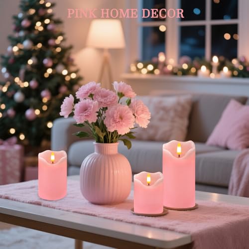 Image of VEEKI Flameless Candles Light, Set of 3 Flickering LED Candle with Remote & Timer, Dimmable Electric Pillar Candles Battery Operated, Pink Candles for Valentine's Day Xmas Home Decor (3PC)