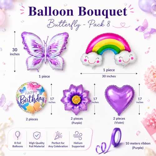 Image of AMFIN (Pack of 8) Butterfly Theme Birthday Balloon Bouquet Purple Metallic Finish Foil Women Girls Decoration Item Kit Rainbow Flower