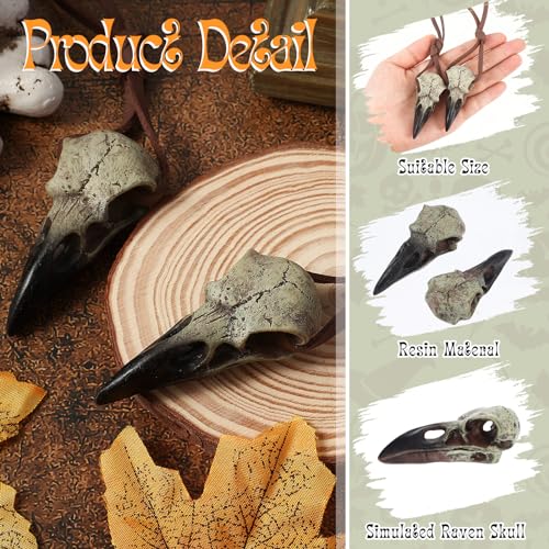 Geetery 4 Pcs Halloween Raven Skull Bone Necklace 2.36 Inch Gothic Leather Necklace Halloween Crow for Women Men Resin Bone Hanging Decoration Gift3