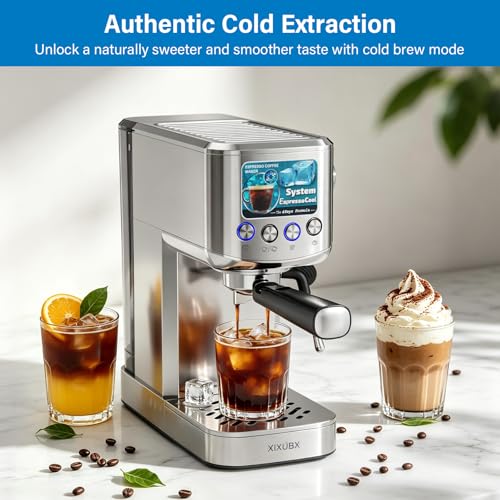 Image of XIXUBX 20 Bar Espresso & Cold Brew Coffee Maker with Milk Frother, 42oz Removable Tank, Stainless Steel, Perfect for Cappuccino, Latte, Home & Office, Brushed Silver