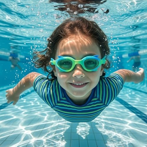 Image of First Lens Kids Swimming Goggle Mermaid Designed with Fish Tail Cap for Boys & Girls | AntiFog | UV Protection | Durable | Age 3 to 8 - Blue Light Green