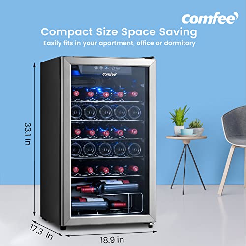 Image of COMFEE' CRW29S3AST Freestanding Wine Cellar, 29 Bottle Wine Cooler Refrigerators, Quiet Operation Compressor, Glass Door Stainless Steel Frame For Red&White Wine&Beer,Black