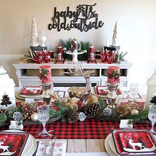 SoarDream Christmas Plaid Table Runner 2 Pack 13x84 Inch Buffalo Checked Table Runner Black Red Cotton Table Lines for New Year Gatherings Table Decorations - Thumbnail 7