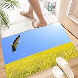 HKPOEQ Super Absorbierende Badezimmerteppich Waschbar Schnelltrocknende Badvorleger Duschvorleger für Badezimmer,Gelb und blau, allein Fliegender Storch mit klarem Himmel über dem Frühling,60x100 cm