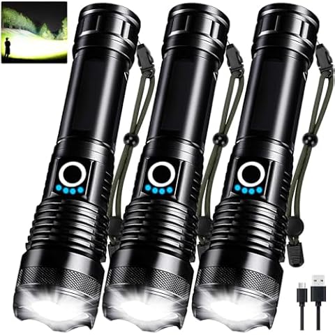 3 Pack Rechargeable LED Flashlights High Lumens, 90,000LM Super Bright Flashlight, Adjustable 5 Modes Powerful Flash Light with USB Cable, Waterproof Handheld Flashlight for Home Camping Emergencies Cover
