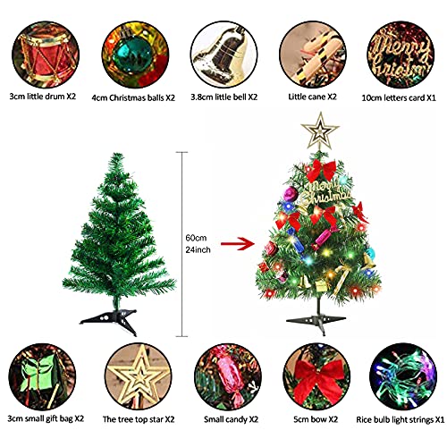 60 cm tafel kerstboom, kunstmatige mini kerstboom met led-lichtsnoeren & ornamenten (kerstboom) - Image 4