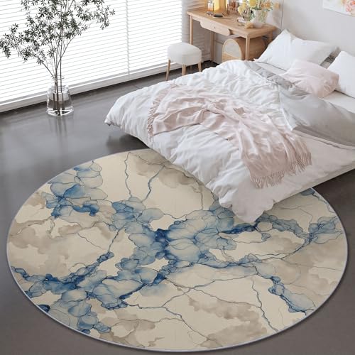 Genérico 90 cm Alfombras Redondas para Sala de Estar, Naturalismo Mármol Estampada Alfombra Redonda Lavable Beige Azul - Pelo Corto Suave Franela Alfombras para Dormitorio Comedor