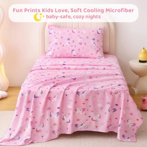 Softan Kids Twin Sheets Set, 3 Piece Pink Unicorn Bedding Set for Girls, Soft Breathable Microfiber with 15" Deep Pocket, Fitted Flat Sheet & Pillowcase — view 6