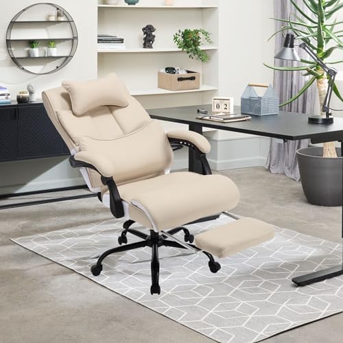 Image of Fully Reclining Office Chair with Foot Rest, Ergonomic Executive Office Desk Chair with Lumbar Support and Headrest, 170 Reclining Recliner High Back Home Leather Computer Chair, Beige