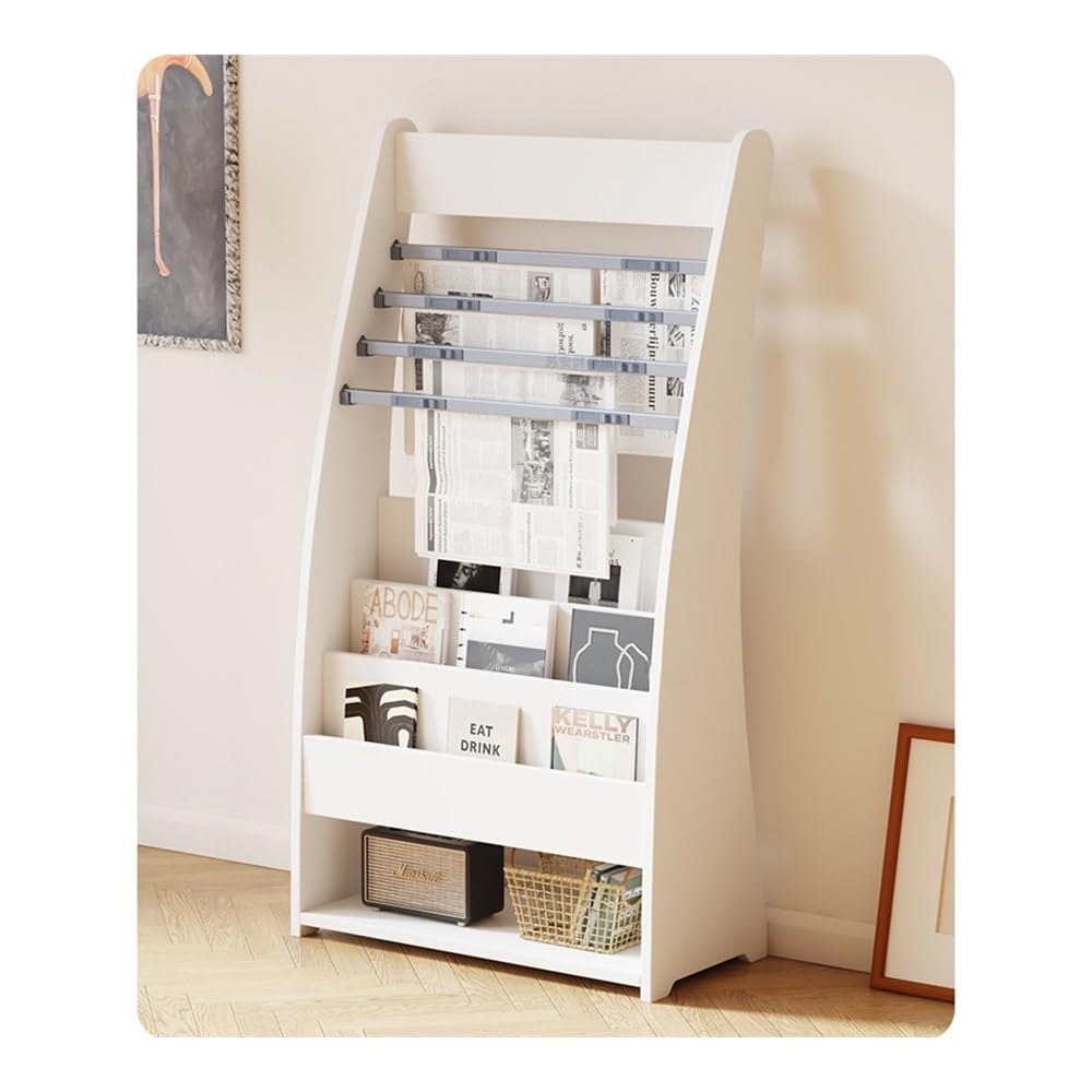 Ljhfg63kuyt Warm White Newspaper Stand Bookshelf Magazine Newspaper Rack Floor Brochure Journal Storage Information Display Literature Rack