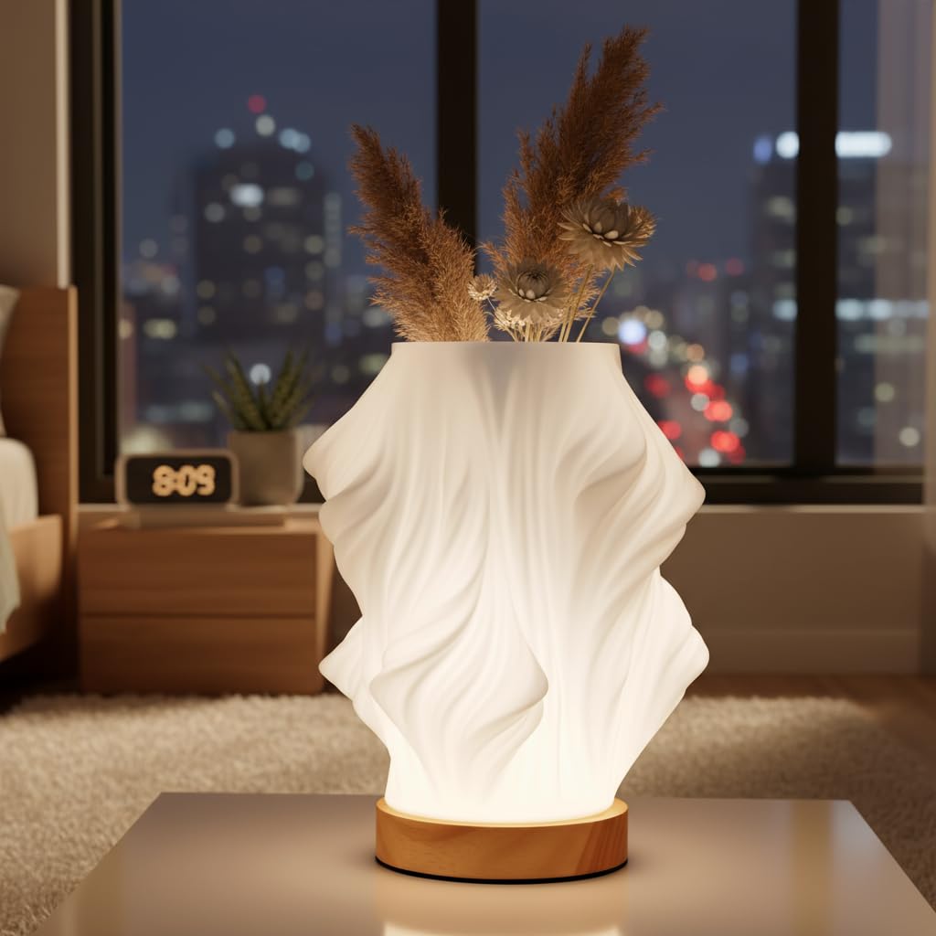 Tafunker Modern Table Lamp with Wooden Base, Decorative Distortion Pattern, Warm White Light for Bedside (Distortion, L)