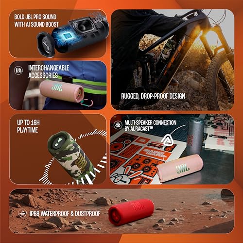 Image of JBL Flip 7 Wireless Portable Bluetooth Speaker, Bold Pro Sound with AI Sound Boost, 16Hrs of Playtime, IP68 Water & Dustproof, Multi-Speaker Connection by Auracast, Personalization App (Pink)