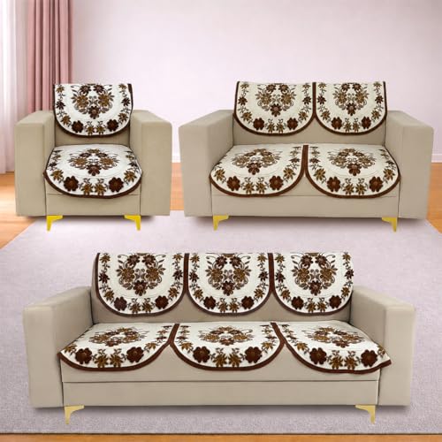 Image of Homerz Premium 'Surya Series' Sofa Cover | Stylish Sofa Protector | Net Fabric | Anti-Stain & Washable Slip Cover Exact Size Antislip (Daisy Brown, 6 (3+2+1) Seater, Seat Cover with Backrest)
