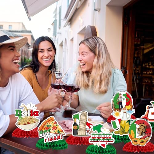 Image of Italian Themed Party Decorations - 9 Pcs Italian Party Decorations Honeycomb Centerpieces for Tables, Flag Red White and Green Italian Birthday Party Supplies