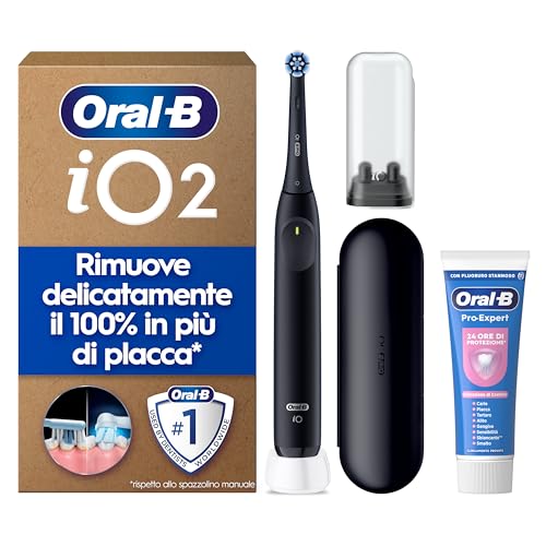 Oral-B iO 2 Spazzolino Elettrico, 1 Testina di Ricambio, Custodia, Nero - 1 Testine di Ricambio per Spazzolino Elettrico, Ricaricabile, Custodia da Viaggio + 1 Dentifricio Pro-Expert, Pulizia Denti