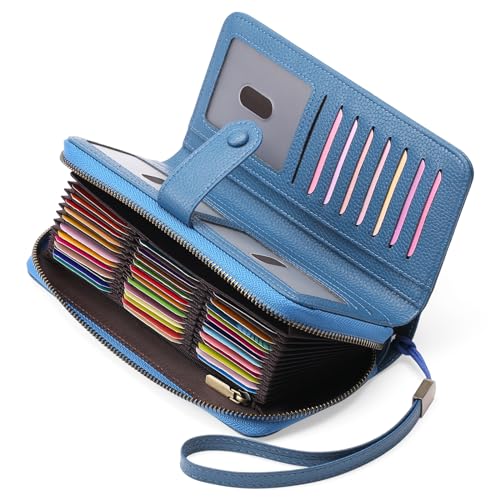 GAEKEAO Leather Credit Card Holder Wallet for Women RFID Blocking Large Capacity Bifold Zipper Card Case Organizer with Wristlet 45 Slots