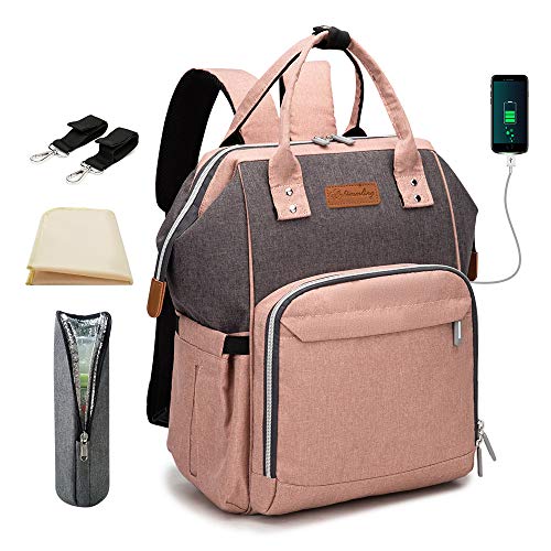 Diaper Bag Backpack for Baby Girls and Boys, Maydolly Waterproof Diaper Backpack Travel with Changing Mat USB Port for Mom and Dad, Pink Grey