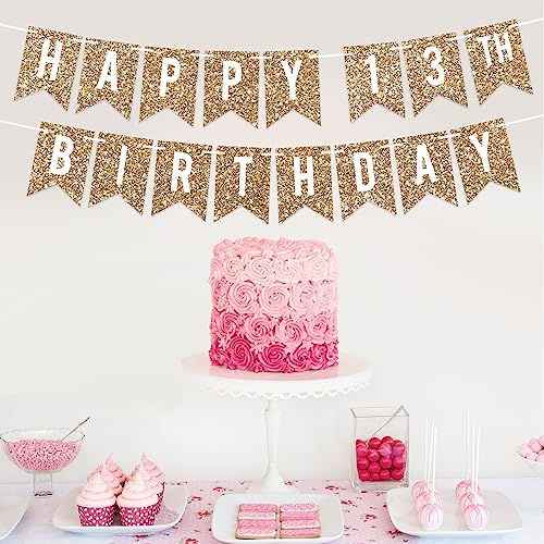 Image of Pre-Strung Happy 13th Birthday Banner - Gold Glitter Birthday Banner | No DIY - Gold Glitter 13th Party Decorations for Boys & Girls - Pre-Strung on 6 ft Strands - Bday Party Decorations & Decor