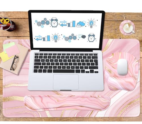 Keyboard Wrist Rest Large Mouse Pad Wrist Support for Computer, 4 in 1 Memory Foam Keyboard Pad Desk Mat Ergonomic Hand Rest Wrist Cushion for Home Office Gaming - Pink Marble - image 2