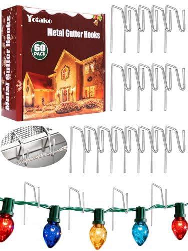 Yotako 60 Metal Gutter Hooks for Outdoor Christmas Lights, Weatherproof Christmas Light Clips Gutter Clips Holiday Light Clips Gutter Guard Light Clips for Christmas, Outdoor Christmas Light Hangers