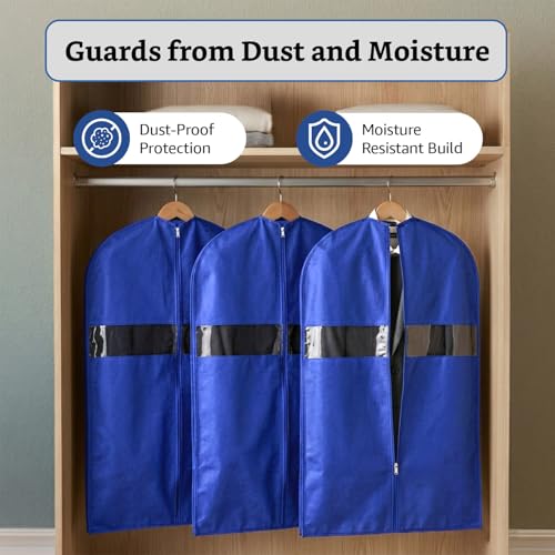 Image of Amazon Basics Non-Woven Suit, Coat, Jacket Cover | 120 GSM | Clear Window | Long Zip | 40 x 24 Inches | Pack of 5 (Blue)