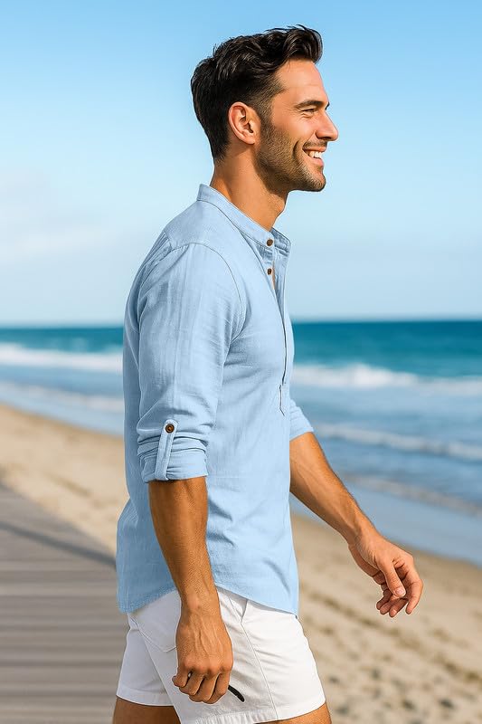 Image of Macsivo Men's Cotton Blend Solid Short Kurta with Mandarin Collared Full Sleeve Drawstring Stylish Straight Length | Kurta for Men Stylish