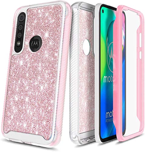 E-Began Moto G Fast Case with Built-in Screen Protector, Full-Body Protective Rugged Bumper Cover, Glitter Shiny Bling, Shockproof Impact Resistant Durable Case for Motorola Moto G Fast -Rose Gold