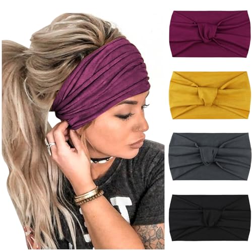 Image of DRESHOW 4 Pack Turban Headbands for Women Wide Vintage Head Wraps Knotted Cute Hair Band Accessories