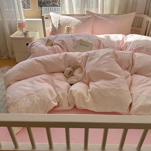 Image of VM VOUGEMARKET Pink Full Duvet Cover Set 3 Pieces Lace Bedding Set Simple Cozy Plaid Checkered Comforter Cover with Zipper Ties for Teen Girls