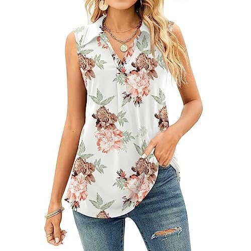 AKEWEI Sleeveless Tops for Women - Summer V Neck Casual Tank Tops Loose Solid Collar Polo Shirts