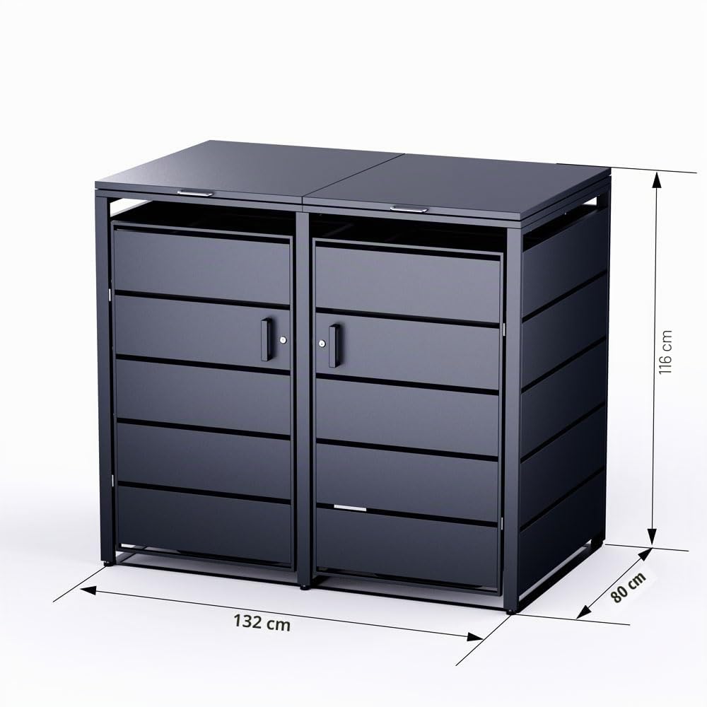 RS Trade Mülltonnenbox 2er Anthrazit für 120L & 240L Mülltonnen, abschließbares wetterfestes Mülltonnenhaus, robuste Mülltonnenverkleidung mit 2 Türen, Müllcontainer Verkleidung, witterungsbeständig