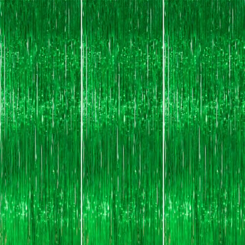 PartyWoo Green Streamers Backdrop 3pcs Green Tinsel Foil Fringe Streamer Curtains 8.2 FT Curtains Photo Backdrop for Graduation Birthday Dinosaur Jungle Golf Football Theme Party Decorations