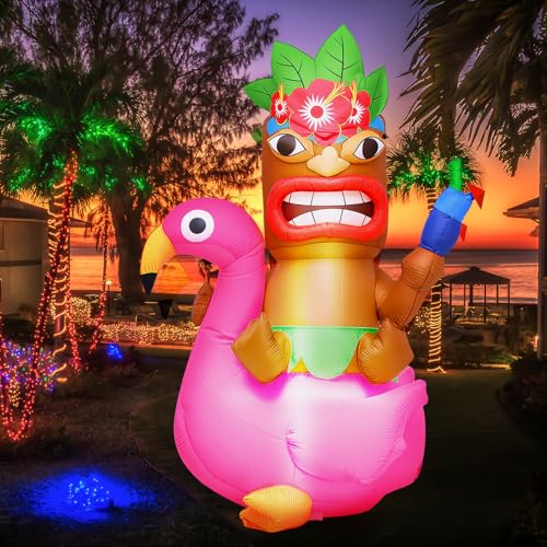 Image of Shappy 5 ft Inflatable Tiki Flamingo Surfboard Luau Hawaiian Party Decorations Summer Inflatables Outdoor LED Lighted Tiki Blow up Beach Tropical Pool Surfing Yard Party Supplies Favors(Delicate)