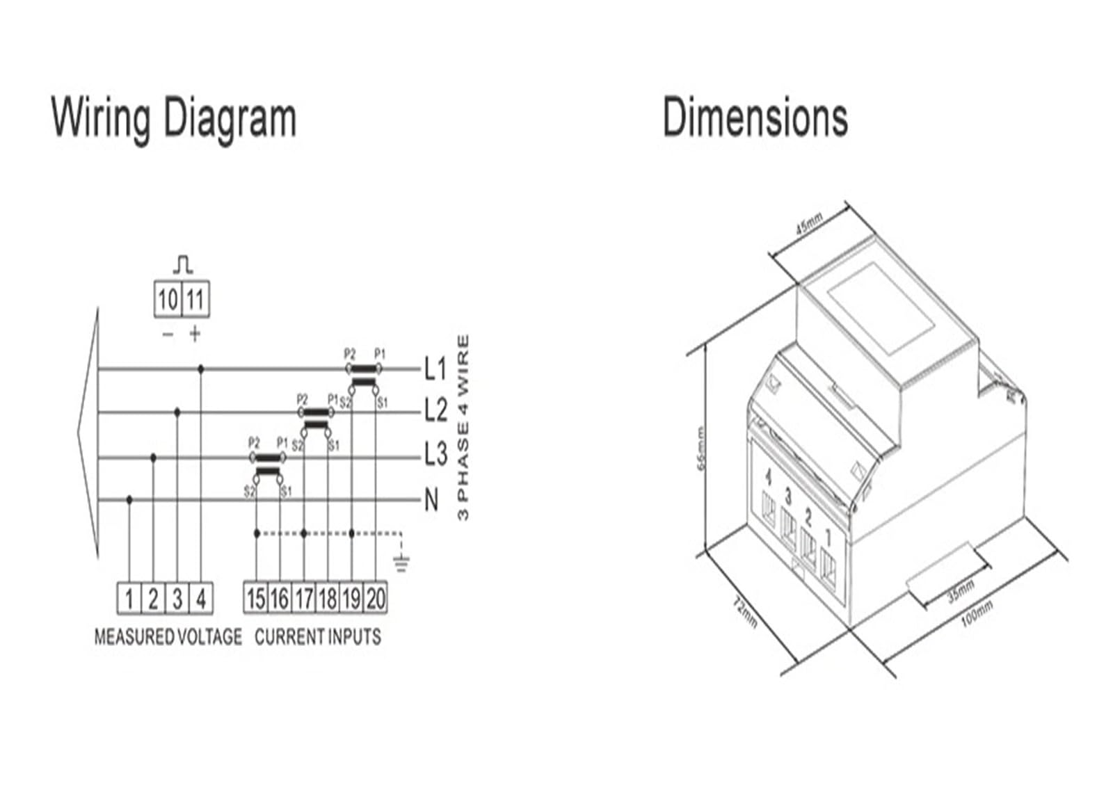 Compteur d'énergie SDM72CT-D triphasé à quatre fils, Rail Din 1A/5A CT connecté
