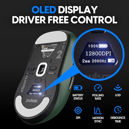 Image of Pulsar Gaming Gears - X2H eS Wireless Gaming Mouse, Founder's Edition, Symmetrical, Optical Switch, OLED Display, Driverless, PAW3395 Sensor, 100H Battery, 4K dongle Included (Medium, Green)