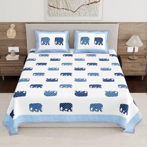 Image of Living Roots Ethnic Jaipur Block Print Double Cotton Bedsheet & 2 Pillow Covers, for Mattress Upto 6 inches Thick, No Colour Bleeding, Blue Colour, King Size 90 * 108 inches, 120TC (615-A)