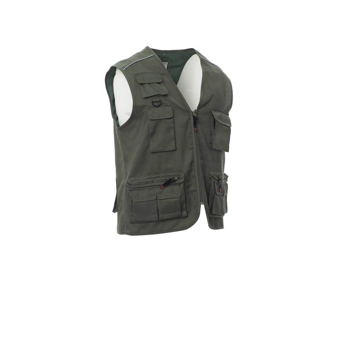 PAYPER Pocket Gilet Estivo Unisex da Uomo Donna Misto Poliestere Multitasche Chiusura Zip Reversibile Bande Reflex Pesca Caccia Lavoro Verde Militare